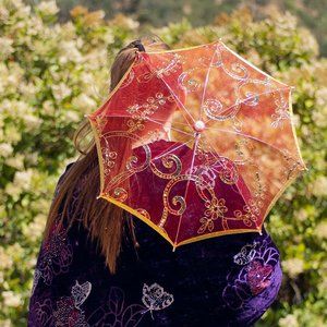 (SOLD) Red Floral Swirl Sequin Mesh Parasol Umbrella